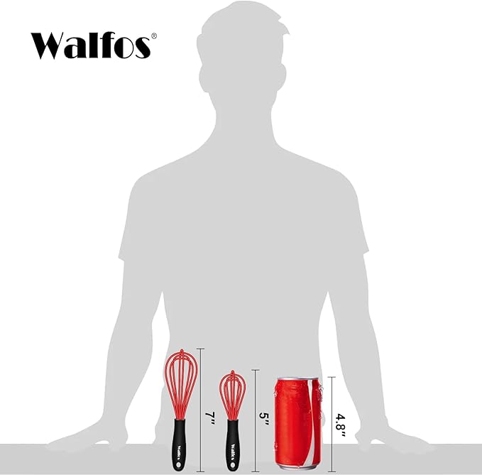 Walfos Mini Whisk Red Small whisk-Non Scatch Rubber Coated Whisk,small silicone whisk 5 & 7 inch Tiny Whisk,Nice for mixing and stirring small batches of powder and sauce in small bowl containers.2pcs