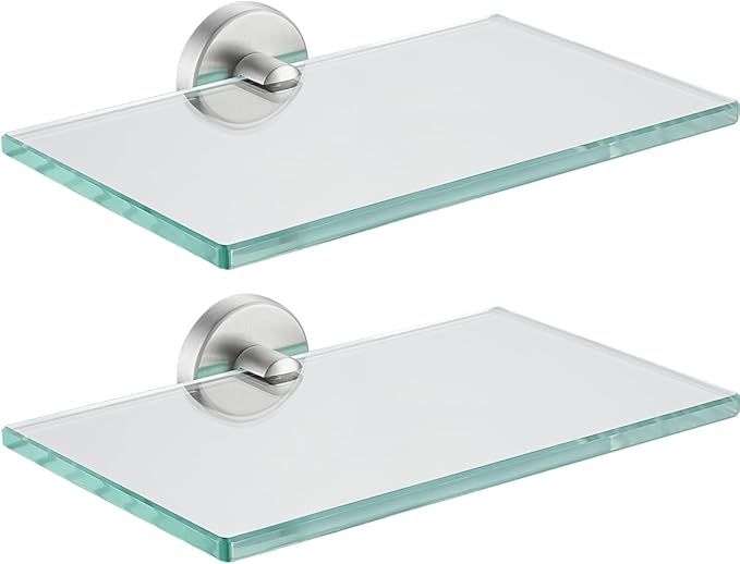 JQK Bathroom Glass Shelf, Tempered Glass Shower Storage 8 by 5 inches, 304 Stainless Steel Brushed Finish Wall Mount 2 Pack, TGS101L8-BN-P2