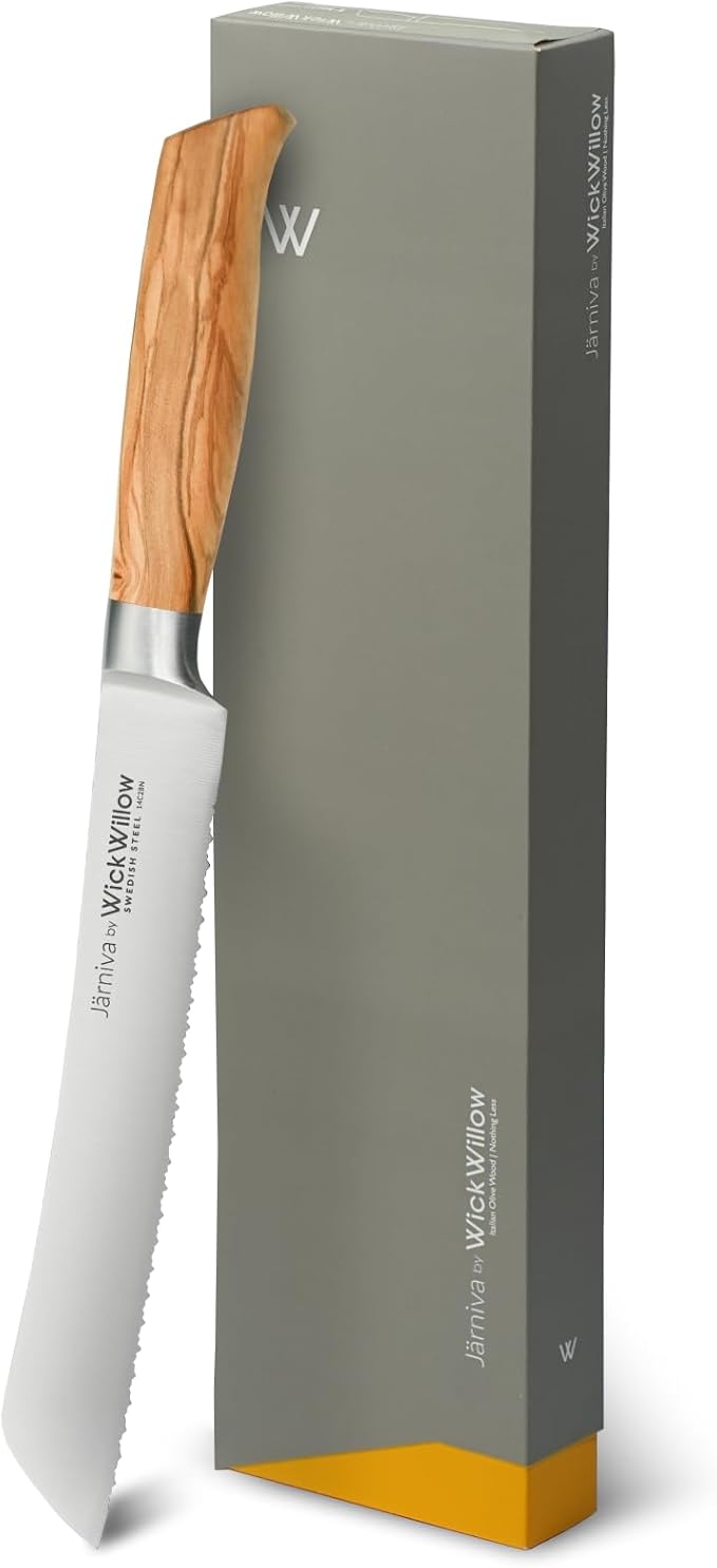 WICKWILLOW 8 Inch Bread Knife – Swedish Steel 14C28N with Italian Olive Wood Handle – Double Serrated Knife for Sourdough & Homemade Bread – Gift Box – Jarniva Series