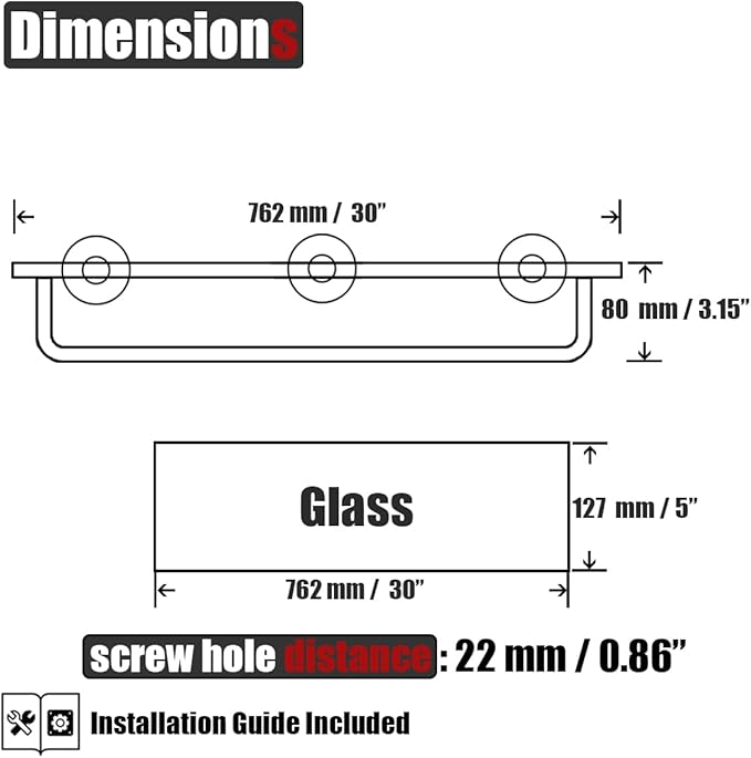 JQK Bathroom Glass Shelf Polished Chome, Shelf with 29 Inch Towel Bar Tempered Glass Shower Storage 30 by 5 inches, 304 Stainless Steel Silver Finish Wall Mount, TGS100L30-CH