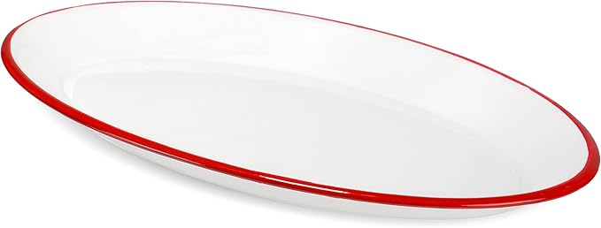 Red Co. Enamelware Metal Classic 13" Serving Oval Tray Platter, Solid White/Red Rim