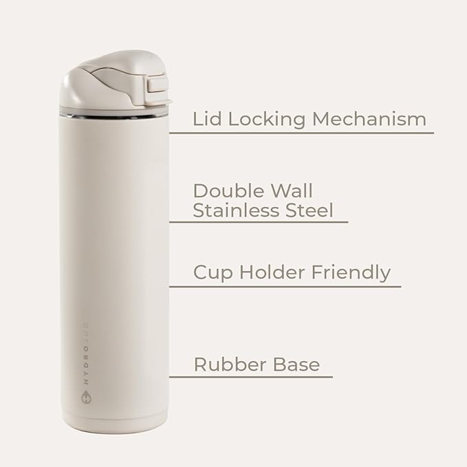 HydroJug Ease2o Water Bottle with Straw & Chug Lid, Stainless Steel, Vented Cap to Help Reduce Pressure, Water-Level Window, Cup Holder Friendly, Non-Slip Base – 24oz, Linen