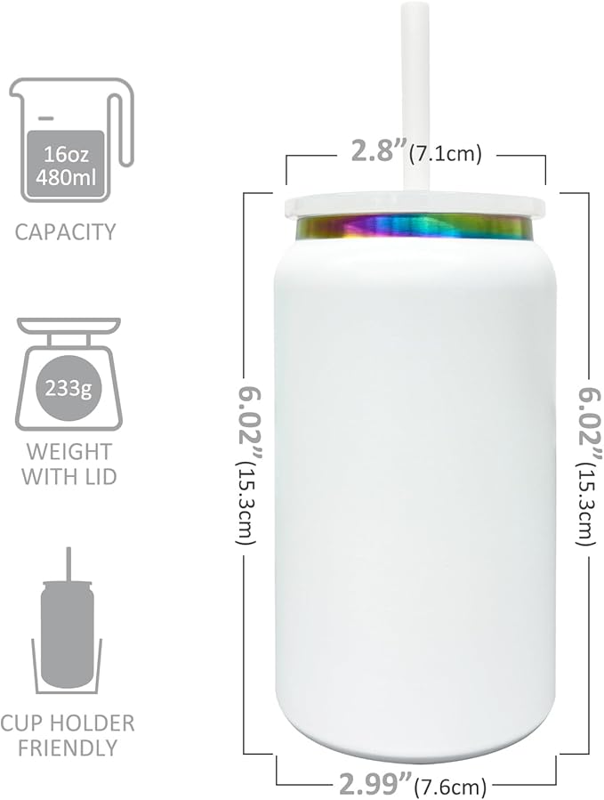 8 Pack Glass Cups with Lids and Straws, 16 oz Stainless Steel Cups, Insulated Skinny Tumbler, Powder Coated Travel Tumblers for Laser Engrave, Iced Coffee Cup for Smoothie Water DIY Gift(White,8 pack)