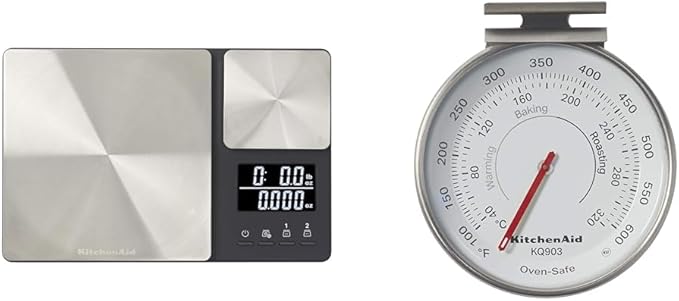 KitchenAid KQ909 Dual Platform Digital Kitchen and Food Scale, 11 Pound Capacity and Precision 16oz Capacity, Black with Stainless Steel & KQ903 3-in Analog Dial Oven/Appliance Thermometer