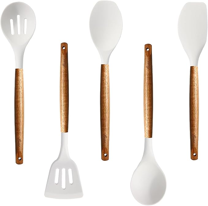 Kitchen Utensils Set, Silicone Cooking Utensils Set,Non-Stick Silicone Spatula Set with Natural Acacia Hard Wood Handle, 5 Piece, Upgraded Thickened Cookware