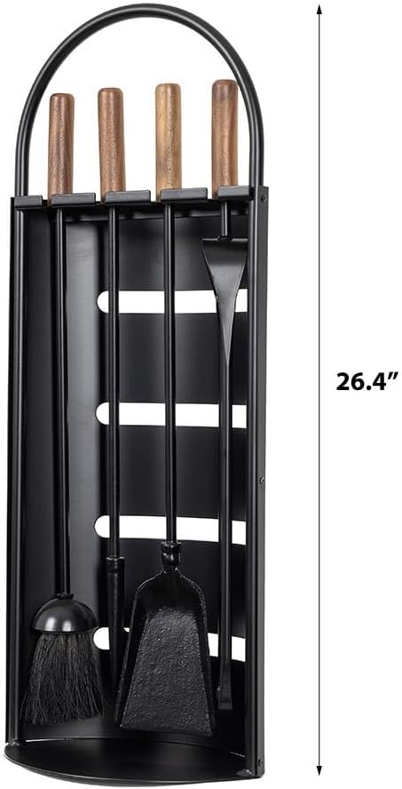 Modern Ember Noah 5 Piece Fireplace Tool Set in Black | Includes Brush, Shovel, Fire Poker, Tongs, and Stand | Heavy-Duty Steel | Heat-Resistant Powder Coating Finish | Natural Wood Handles