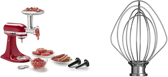 KitchenAid KSMMGA Metal Food Grinder Attachment, Silver & 6-Wire Whip for 3.5 Quart Tilt Head Stand Mixers, Metallic