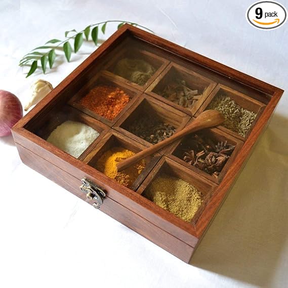 Wooden Spice Box with Glass Lid, 9 Compartment Masala Storage Container with Spoon, Hand Crafted Kitchen Organizer, 8x8 Inches