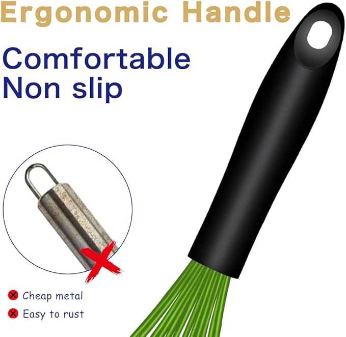 Dishwasher Safe Green Silicone Whisk, Sealed Waterproof Design Set of 3, Professional Kitchen Whisks for Cooking Non-Scratch, Silicone & Stainless Steel Whisk, Heat Resistant Balloon Egg Beater