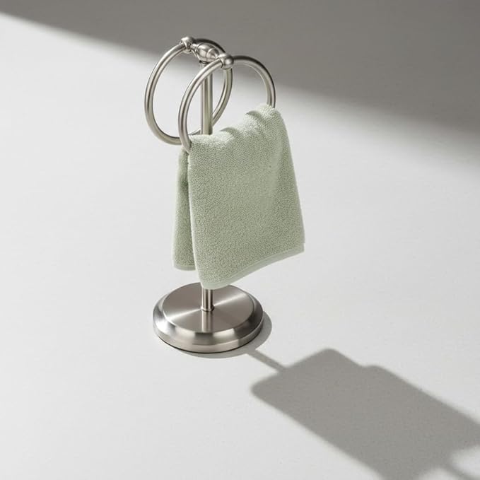 J&V TEXTILES Steel Towel Rack Holder Stand with 2 Hanging Rings for Bathroom Vanity Countertops - Space Saving Hand Towel Holder (Brushed Satin Nickel)