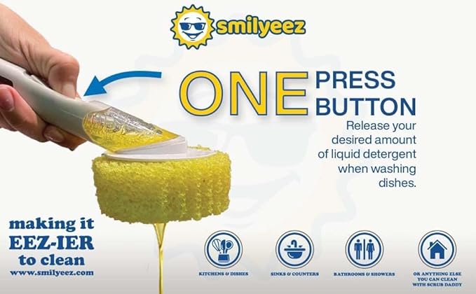 The Original Smiling Sponge Handle Soap Dispensing Handle by Smilyeez for The Smiling Sponge with Smilyeez Caddy & Dishwand with 2 Scrub Brushes (Light Blue)