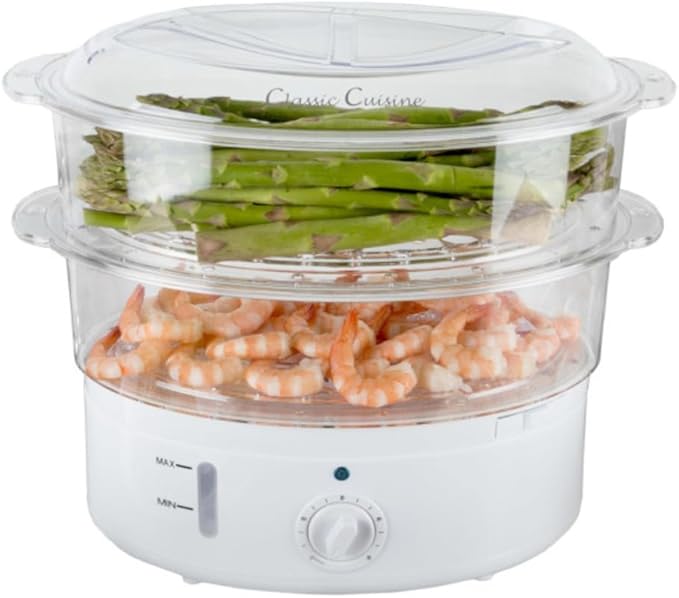 Classic Cuisine Food Steamer and Rice Cooker in one, Two-Tier Food Steamer for Healthy Meals anytime, cooks Vegetables, Fish, Dumplings, Eggs and more, 6.3 QT, Clear