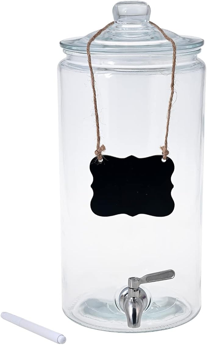 2 Gallon Beverage Dispenser with Stainless Steel Spigot + Marker & Chalkboard 100% Leakproof Glass Drink Dispenser for Parties with Spout, Airtight Beverage Serveware for Water Juice Laundry