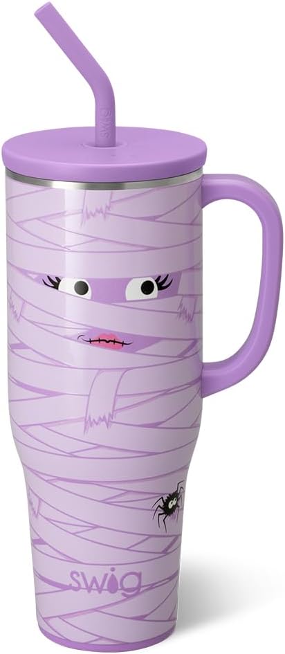 Swig Life 40oz Mega Mug, Halloween 40oz Tumbler with Handle and Straw, Extra Large Insulated Tumblers, Cup Holder Friendly Travel Mug (Boo Crew Mummy)