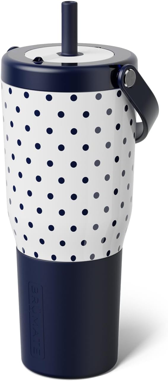 BrüMate Resa 35oz 100% Leakproof Tumbler w/Handle & Straw | Flexible SoftSip Straw | Silicone Sleeve for Durability | Stainless Steel | Cup Holder & Travel Friendly Water Bottle (White Polka Dots)