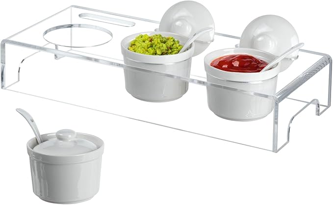 MyGift 10 Pcs Condiment Pot Serving Dishes Set, Clear Acrylic Server Tray and 3 Ceramic Ramekin Bowls with Lids and Spoons for Sauces, Dips, Hosting Essentials for Party