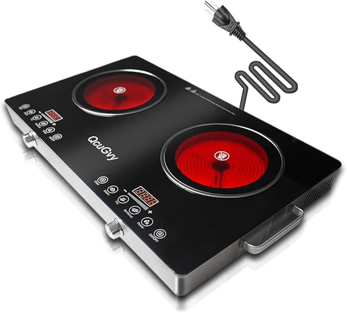 23" Portable Infrared 2 Burner 3500 Electri Burner with 2 Hours Timer-Electric Hot Plate Touch Control Panel Adjustable Heating Power Glass Plate Electric Cooktop for Cooking