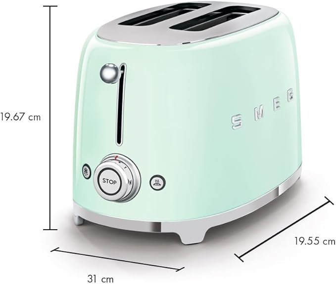 SMEG 2 Slice Toaster with 6 Presets and Defrost Function and Removable Crumb Tray TSF01PGUS, Pastel Green