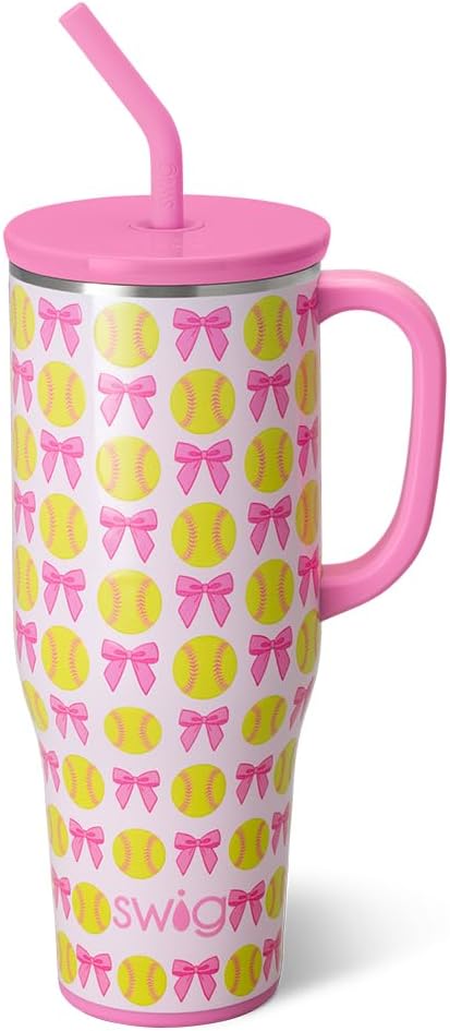 Swiglife 40oz Mega Mug, 40 oz Tumbler with Handle and Straw, Cup Holder Friendly, Dishwasher Safe, Stainless Steel Tumbler, Softball Gifts, Softball Water Bottle (Pitch Hit Run)