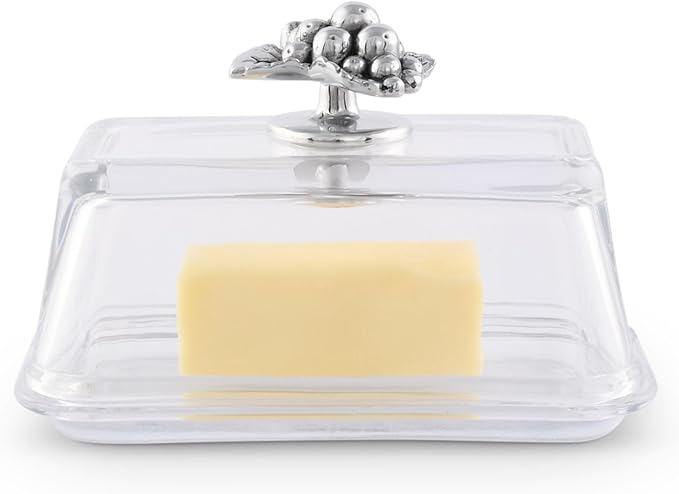 Arthur Court Glass Butter Dish with Lid Metal Grape Knob | Classic 2-Piece Design Covered Butter Keeper | Covers and Holds a Standard Stick of Butter | Classic Décor