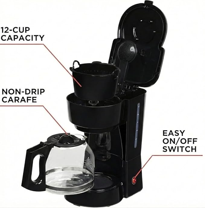 12-Cup Coffee Maker with Easy On/Off Switch, Easy Pour, Non-Drip Carafe with Removable Filter Basket,Keep Hot Plate,Clear Water Level Window Coffee Machine, Black (Black)