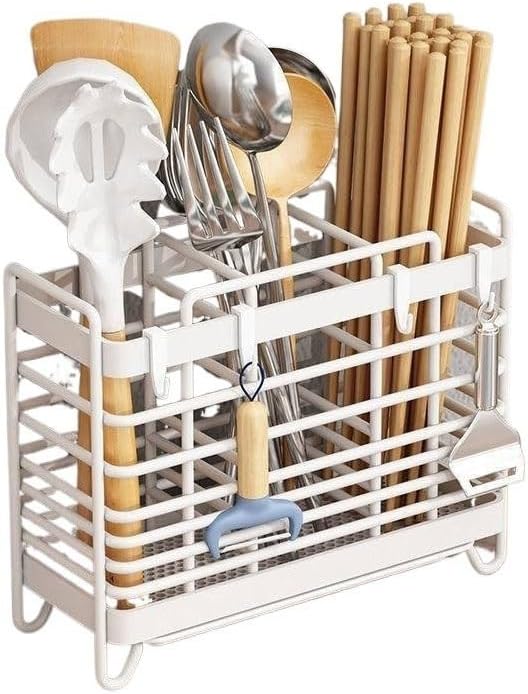 Utensil Holder Metal Hollow Out Kitchen Utensil Holder with 3 Compartments, Wall Mount/Countertop Utensil Drying Racks, White Utensil Caddy with Drain Tray and Hooks Cutlery Holder