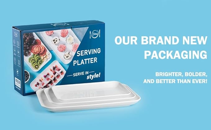 DELLING Large Serving Platter Set of 3, 16/14/12 Inch Porcelain Serving Trays for Party - White Ceramic Rectangular Platters for Entertaining, Appetizer Fruit Tray for Mother's Day Shower Dinner