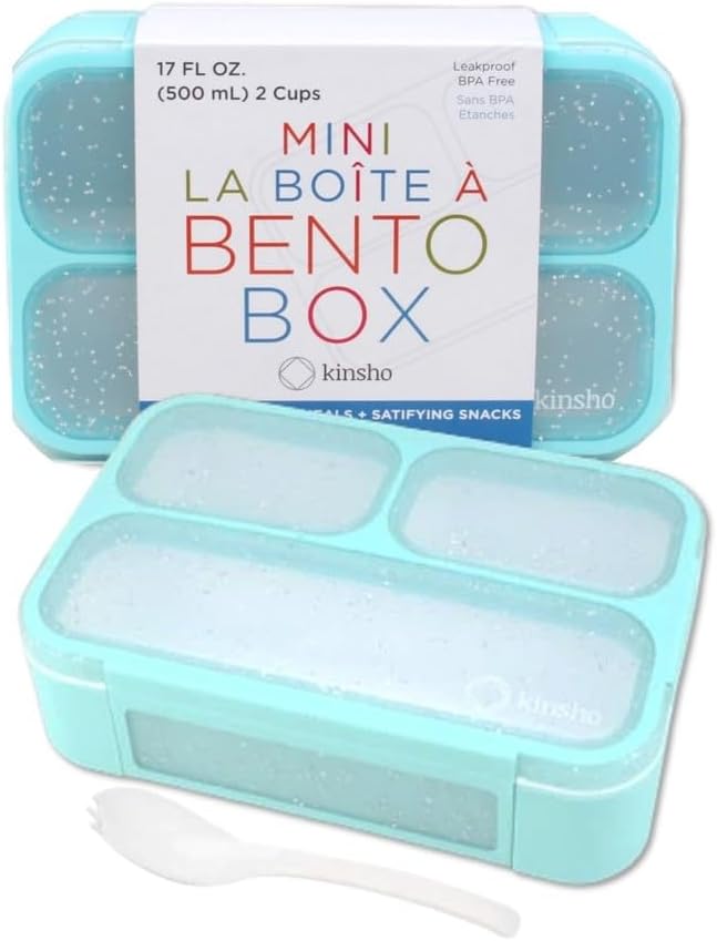 Small Snack Containers for Kids Toddlers - 3 Compartments (Set of 2) - Leak-Proof Reusable Boxes with Lids - BPA-Free Plastic Mini Bento Lunch Box - Holds 2 Cups Capacity (Pastel Blue+Teal Sparkle)
