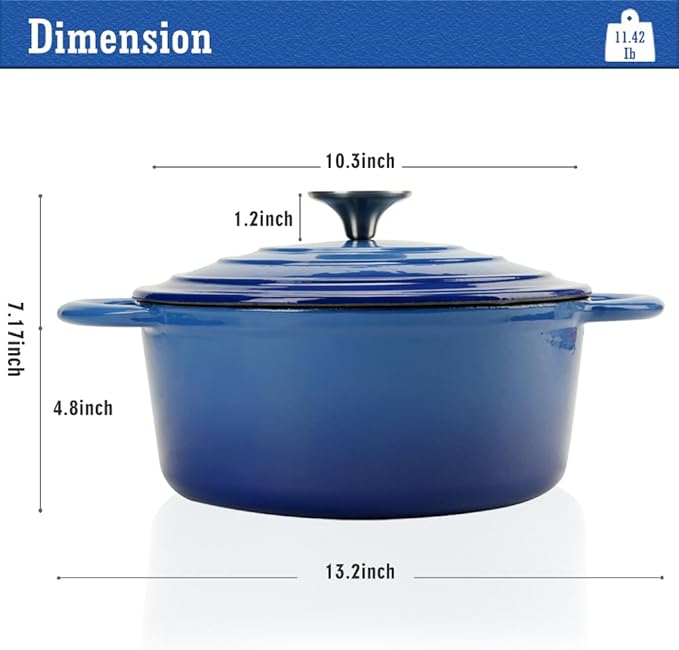 5QT Cast Iron Dutch Oven with Lid, Heavy-Duty Enameled Soup Pot with Dual Handles and Oven Safe for Bread Baking, Braising, Cooking and Family Gifts, Blue