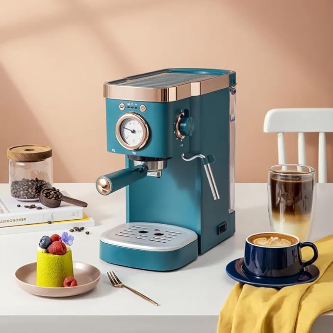 Generic deluxe semi-automatic espresso coffee maker with steam milk frother, 14.96 x 12.59 x 14.96 in, Blue