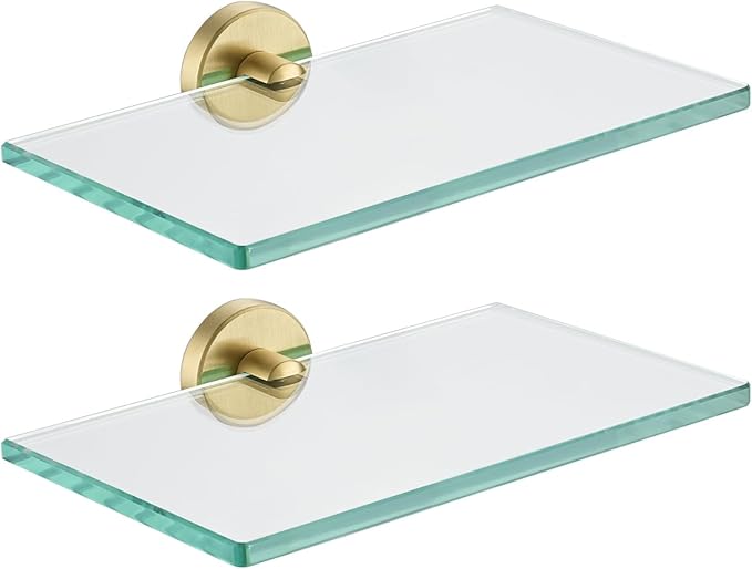 JQK Bathroom Glass Shelf Gold, Tempered Glass Shower Storage 8 by 5 inches, 304 Stainless Steel Brushed Gold Wall Mount 2 Pack, TGS101L8-BG-P2