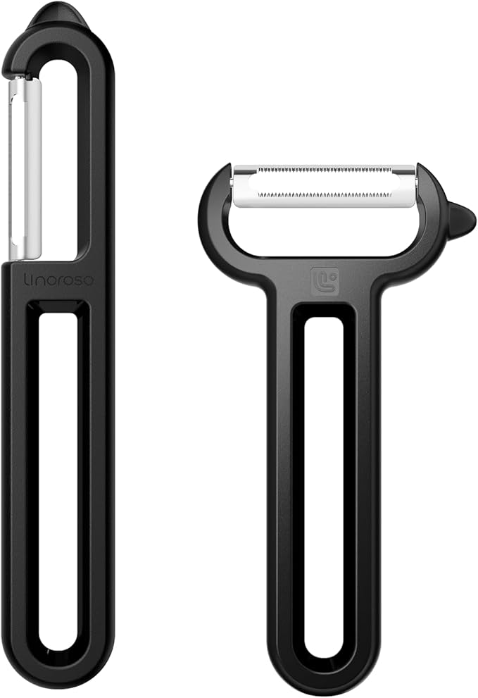 Linoroso 2 Pieces Vegetable Peeler Set with Straight Peeler and Serrated Peeler, Dishwasher Safe Classic Euro Fruit Peeler for Kitchen, Potato Peelers for Peeling veggie and Food, Black