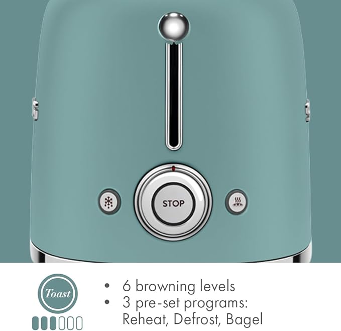 SMEG 2 Slice Toaster with 6 Presets and Defrost Function and Removable Crumb Tray (Jade)
