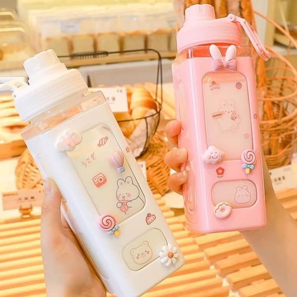 Kawaii Bear Pastel Water Bottle With 3D Sticker 700ml Plastic Travel Tea Juice Milk Portable Cute Shaker Drink Bottle Gift (White)