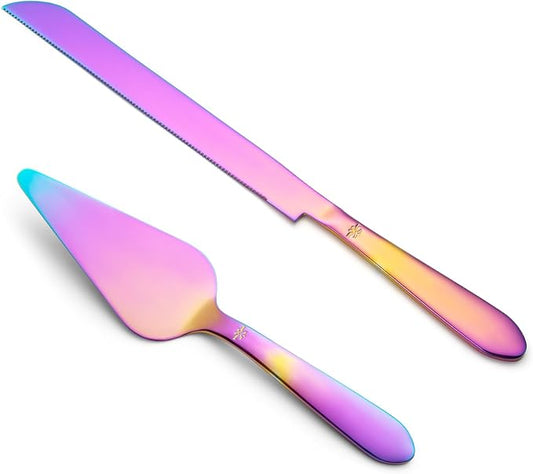 Eisinly Cake Cutting Set for Wedding, Elegant Cake Knife and Server Set with Thickened Stainless Steel Rounded Edges, Cake Cutter and Pie Spatula for Birthday Anniversary, 2 Pcs, Multipurple