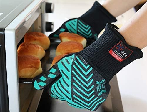 J H Heat Resistant Oven Glove:EN407 Certified 932 °F, 2 Layers Silicone Coating, Oven Mitts for Cooking, Kitchen, Fireplace,Camping, Grilling (Black/Green, Extra Long Cuff)