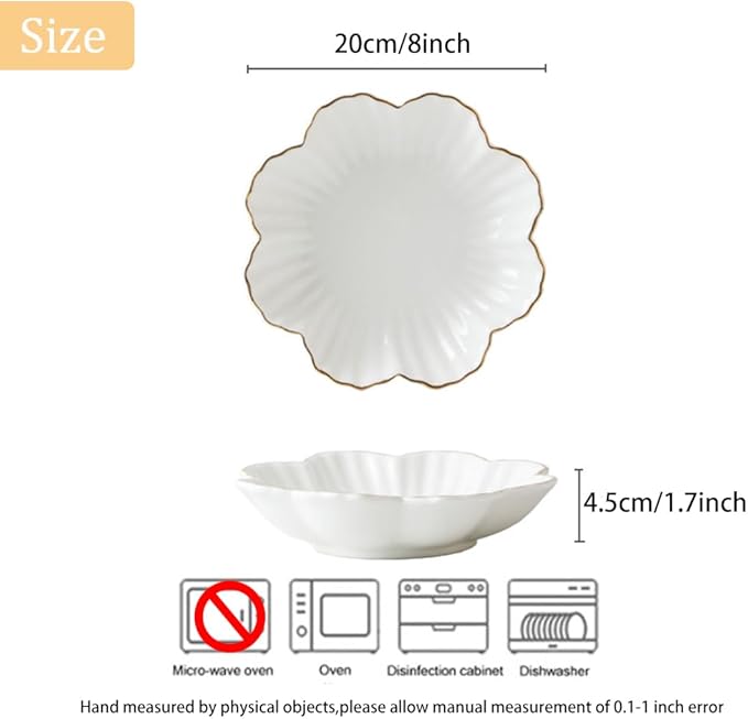 Porcelain Serving Dish,Ceramics Flower Relish Tray with Metallic Rim,Serving Bowls for Wedding,Party Perfect for Small Cereal, Pasta, Salad, Candy and Snacks White 8 inch (8 inch)