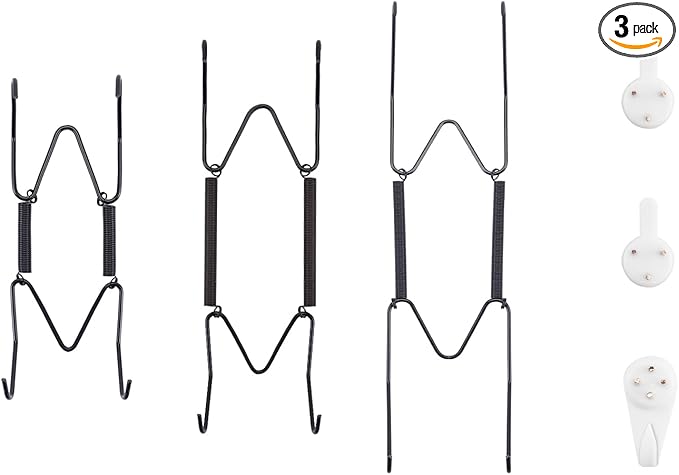 Bilillo 3-Piece Stainless Steel Wall Plate Hangers, 4/6/8 Inch Invisible Decorative Wire Plate Holders with 3 Pieces Wall Hooks for 4 to 10 Inch (Black)