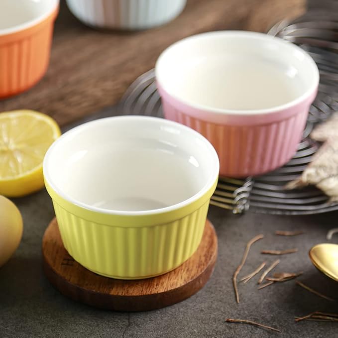 Ramekins 6oz Oven Safe,Creme Brulee Ramekin and Souffle Dishes,Porcelain Baking Bowls,Dipping Sauce Dish.Pudding Cups,Set of 6,Green.