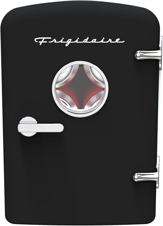 Frigidaire Retro 9-Can Mini Personal Fridge Portable Cooler for Car, Office, Bedroom, Dorm Room, or Cabin, 11.8" D x 7.1" W x 10.1" H, BLACK