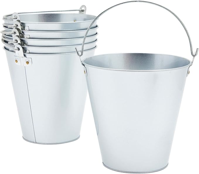 Juvale Metal Bucket - 6-Pack, 100 oz, 7 in Dia x 7.2 in H, Silver - Galvanized Buckets with Handles for Ice Tub & Beverage Tub