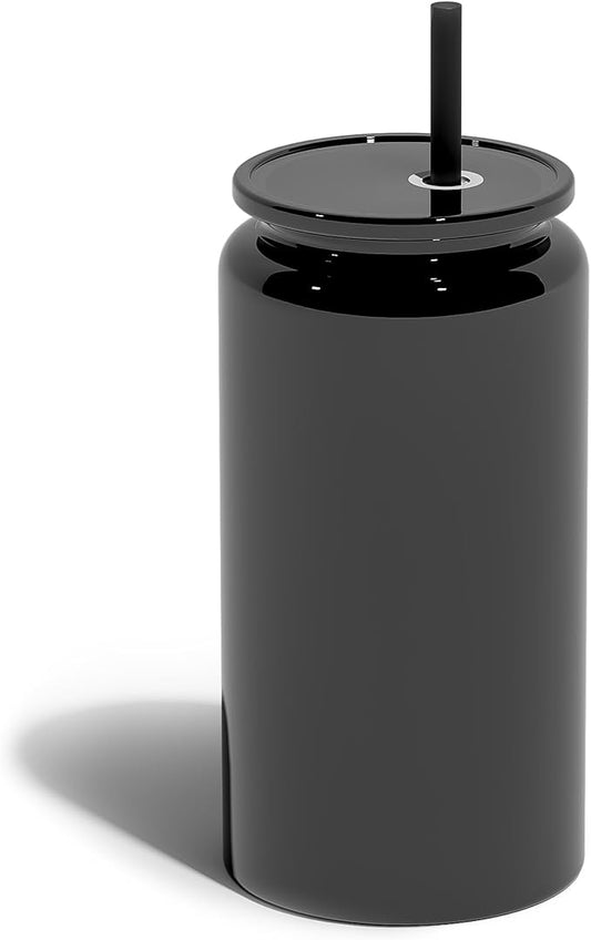 Glass Cups with Lids and Straws, 16oz Stainless Steels Cups, Beer Cups, Iced Coffee Cup, Smoothie Cup, Sublimation Tumbler, Black (Smooth Polished Finish, Sublimatable)