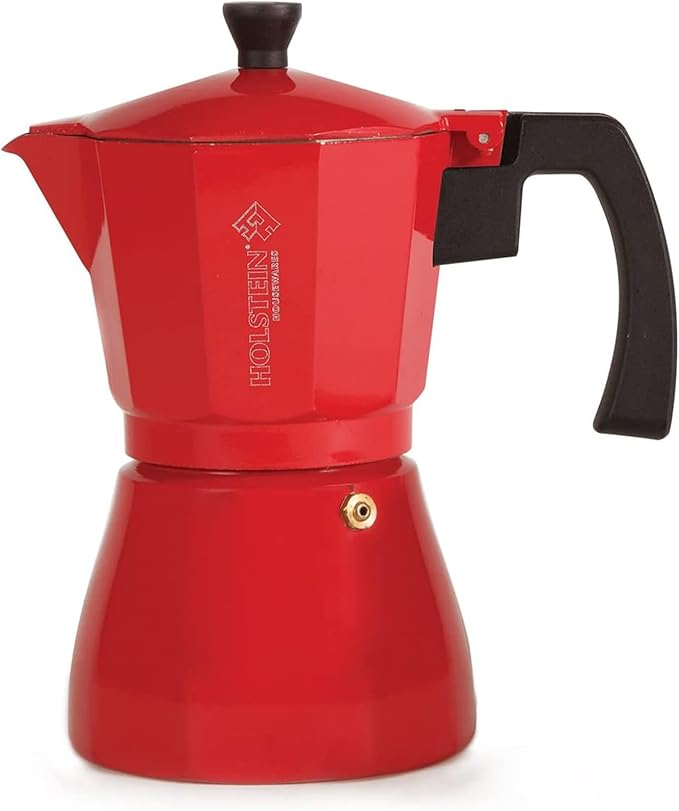 Holstein Housewares - 6 Cup Aluminum Stovetop Espresso Maker and Moka Pot - Great Tasting Traditional Espresso Coffee, Italian and Cuban Café Brewing in Minutes, Red