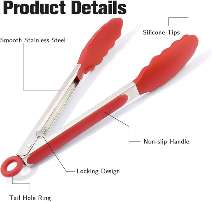 Kitchen Tongs 2 Pcs Tongs for Cooking 9 Inch 12 Inch Red Silicone Tongs Stainless Steel Locking Food Tong with Non-Slip Silicone Tips Heat Resistant Serving Tong for BBQ Grilling Salad Kitchen Utensil