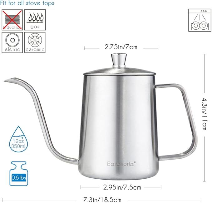 Easyworkz Nando French Press 34 oz, Bundled Gage Gooseneck Pour Over Coffee Kettle 12 oz Stainless Steel Hand Drip Long Narrow Spout, Silver