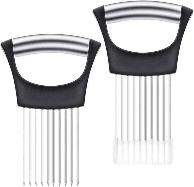 2Pcs onion slicer， Kitchen Prong Slicer for Vegetables and Meat, Stainless Steel Tines with Safety Handle, Black (2)