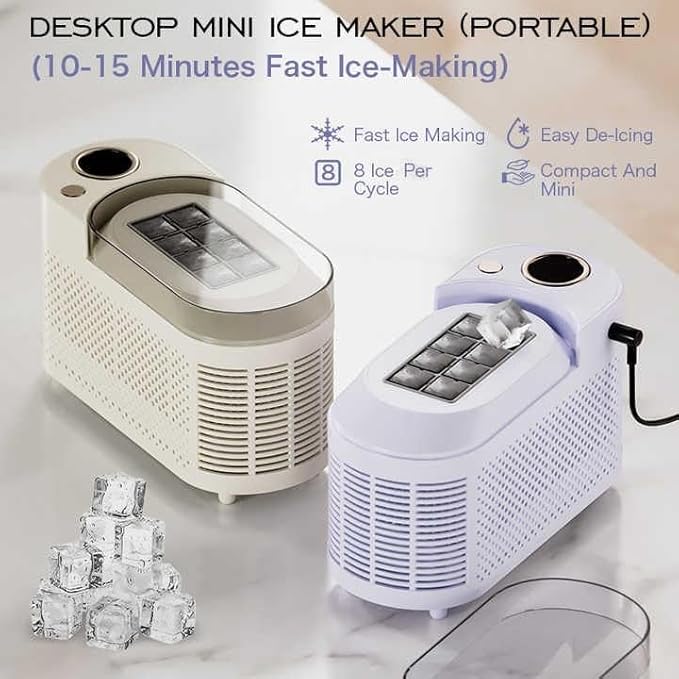 Compact Portable Ice Maker - Quick 8 Cubes in 10 Min, Ideal for Home, Office, Camping & Parties, Easy to Clean, Energy-Efficient & Quiet Operation