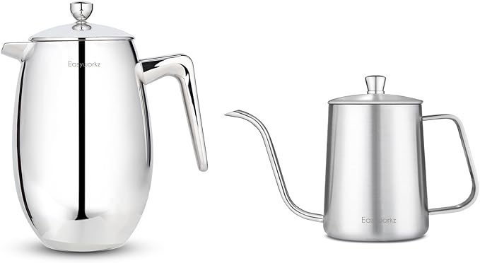 Easyworkz Nando French Press 34 oz, Bundled Gage Gooseneck Pour Over Coffee Kettle 12 oz Stainless Steel Hand Drip Long Narrow Spout, Silver
