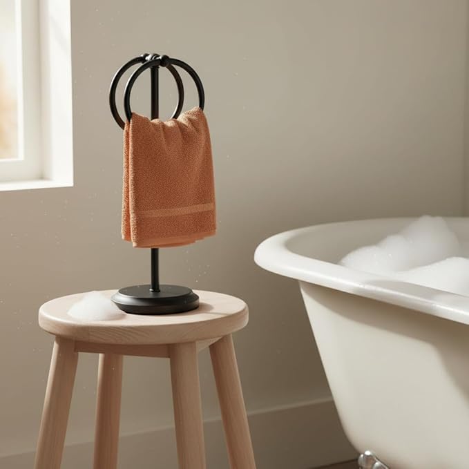 J&V TEXTILES Steel Towel Rack Holder Stand with 2 Hanging Rings for Bathroom Vanity Countertops - Space Saving Hand Towel Holder (Matte Black)