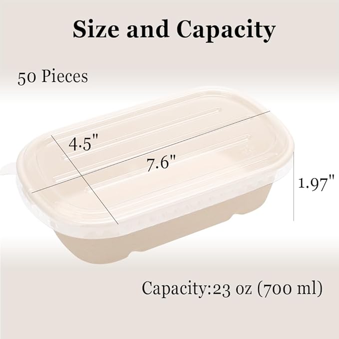 Aksipo 50 Pack 23 Oz Disposable Meal Prep Containers with Lids, Rectangle Paper Bowls with Lids for Salad,Leftovers, Leak-proof To Go Food Box Cardboard Lunch Box Compostable Take Out Food Containers
